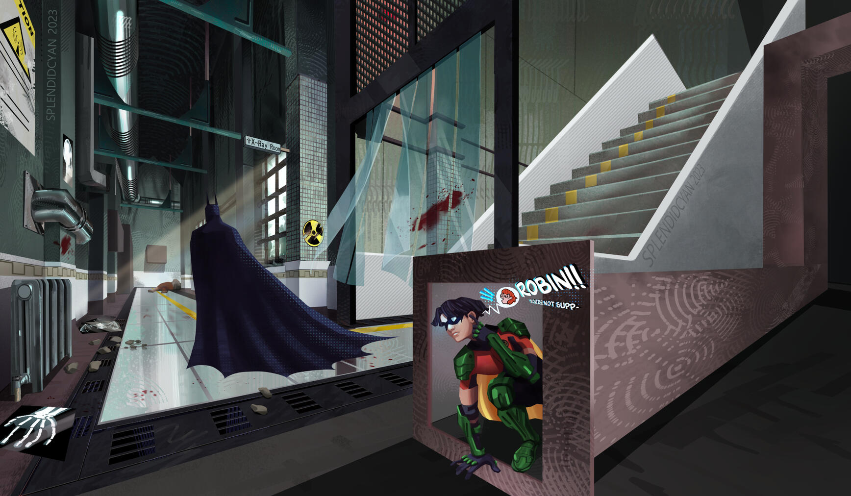 A slickly painted asylum hallway with debris and blood on its tiles. Batman walks through a plastic divider, away from the camera; closer to the camera, behind a wall, Robin is crawling through a vent following Batman. His earpiece is lighting up as Babs,