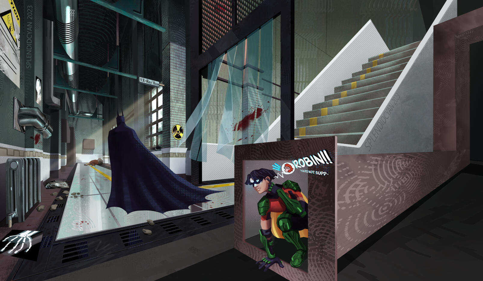 Batman Arkham Hallway A slickly painted asylum hallway with debris and blood on its tiles. Batman walks through a plastic divider, away from the camera; closer to the camera, behind a wall, Robin is crawling through a vent following Batman. His earpiece is lighting up as Babs,