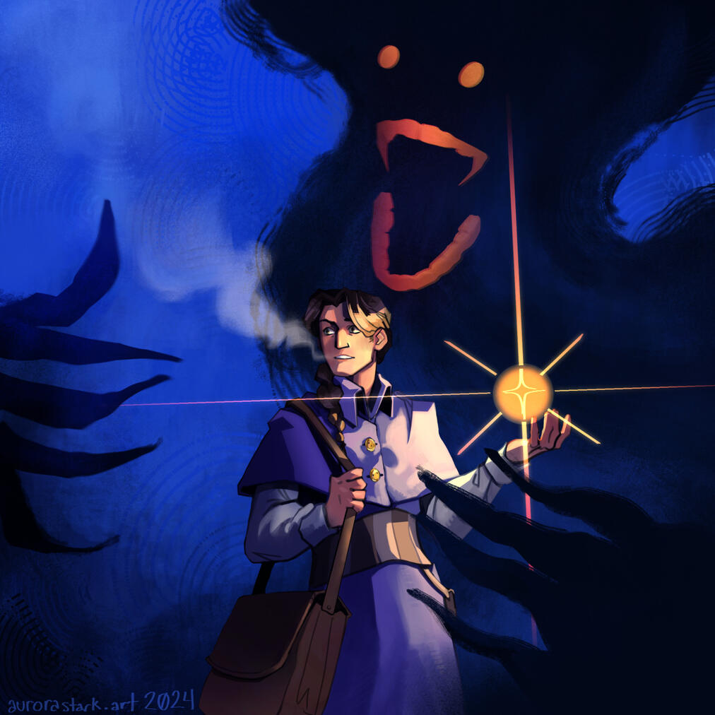 A digital painting of a man in purple robes wielding an orb of light. Behind him, a dark shadow rises, up, baring it's dead eyes and red fanged teeth.