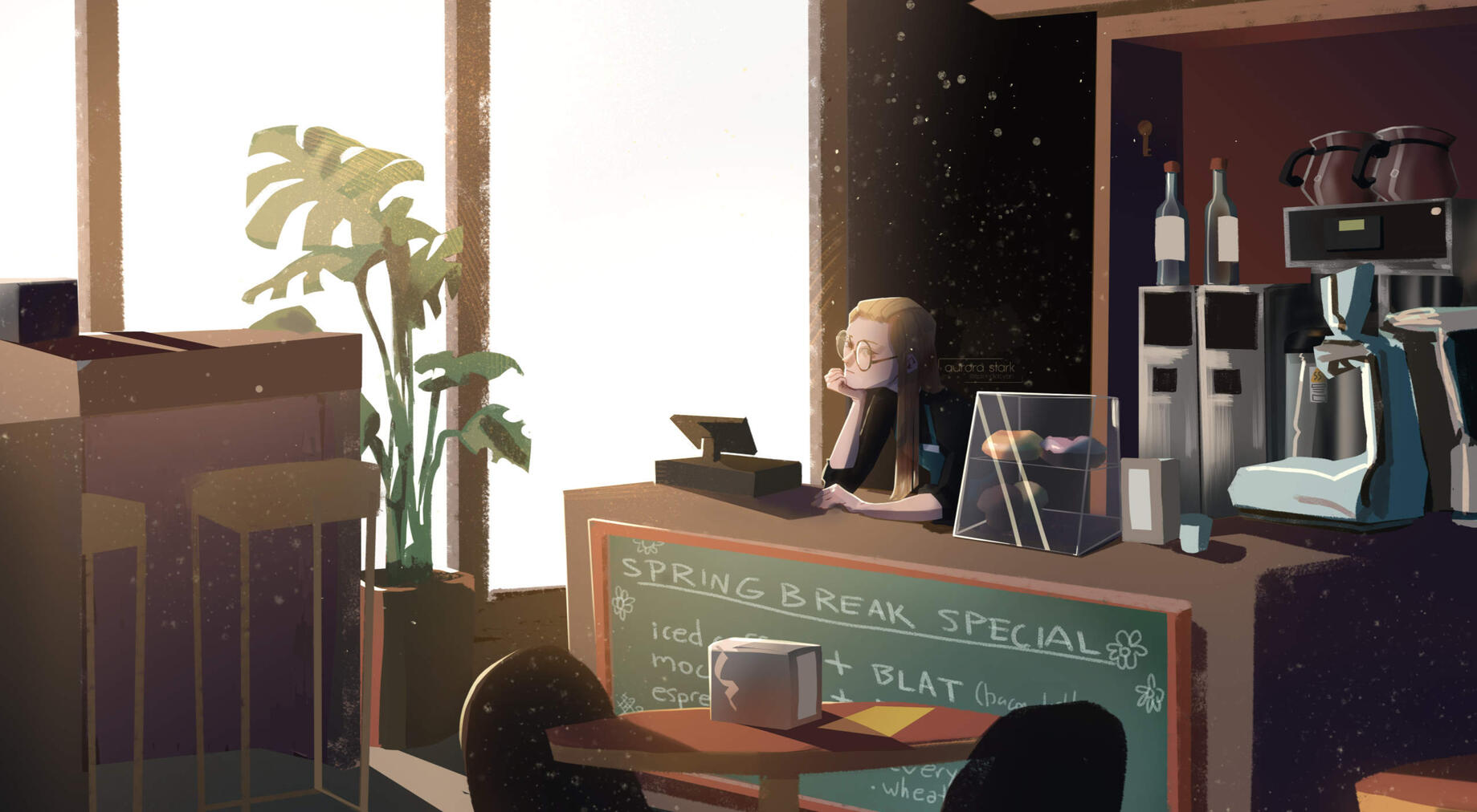 Tiff bored at her barista job.