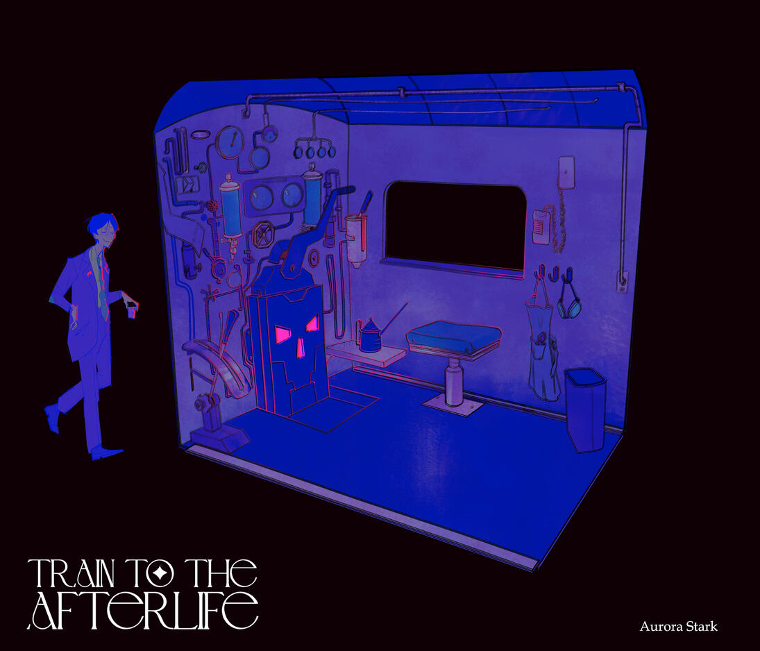 Afterlife Train Engine Room Neon A steampunk 1920's train engine room cutout, lit in a neon blue glow.