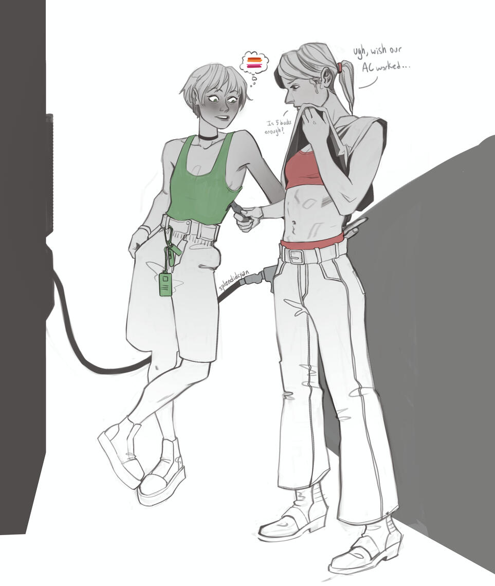 A sketch of two women putting gas into their car on a hot day. A sketch of two women putting gas into their car on a hot day.