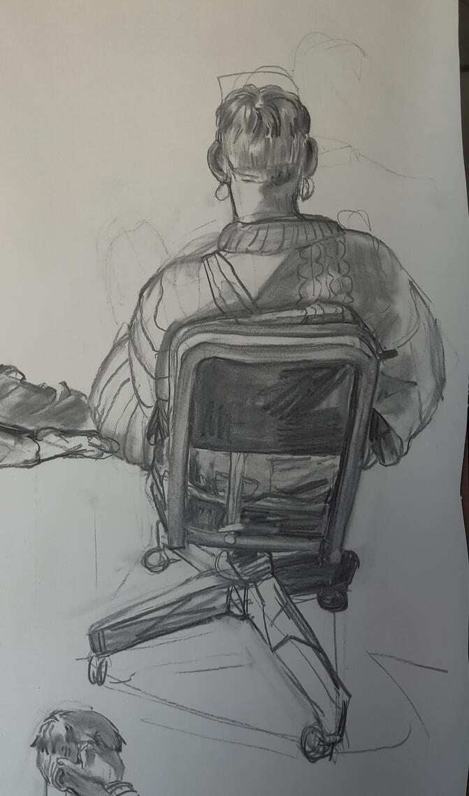 A graphite life drawing o a person sitting in a computer chair. A graphite life drawing o a person sitting in a computer chair.