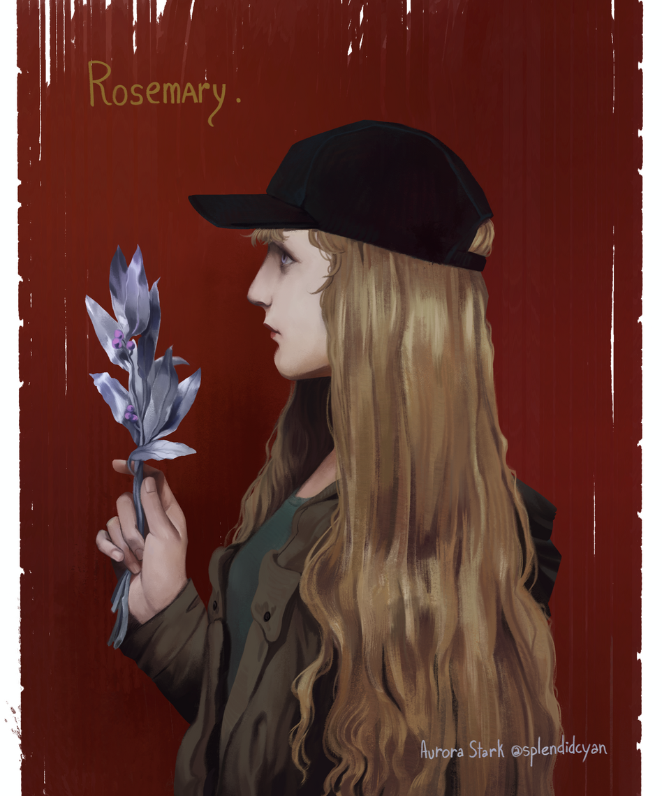 A classical portrait of a woman with long blonde hair and a purple plant. A classical portrait of a woman with long blonde hair and a purple plant.