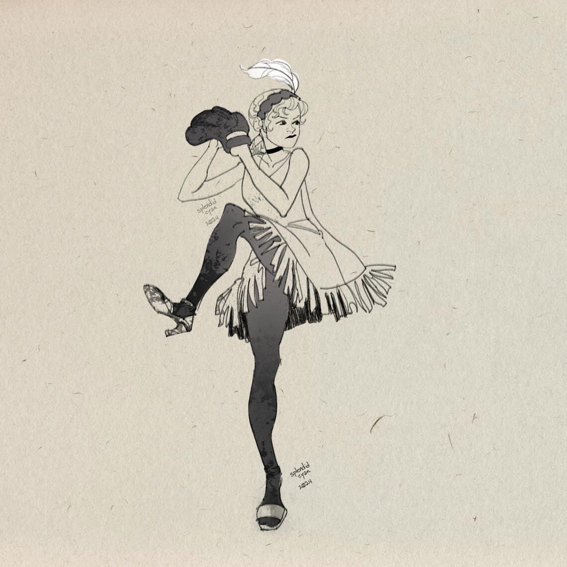 A sketch of a 1920's flapper winding up to throw a baseball pitch. She has mud on her baseball glove and tights, and a determined look on her face. A sketch of a 1920's flapper winding up to throw a baseball pitch. She has mud on her baseball glove and tights, and a determined look on her face.