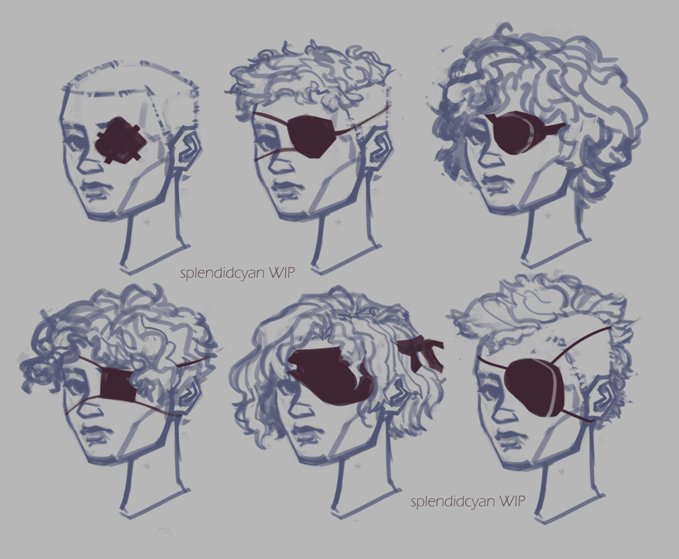 Sketches of different hairstyles on a character with an eyepatch. Sketches of different hairstyles on a character with an eyepatch.