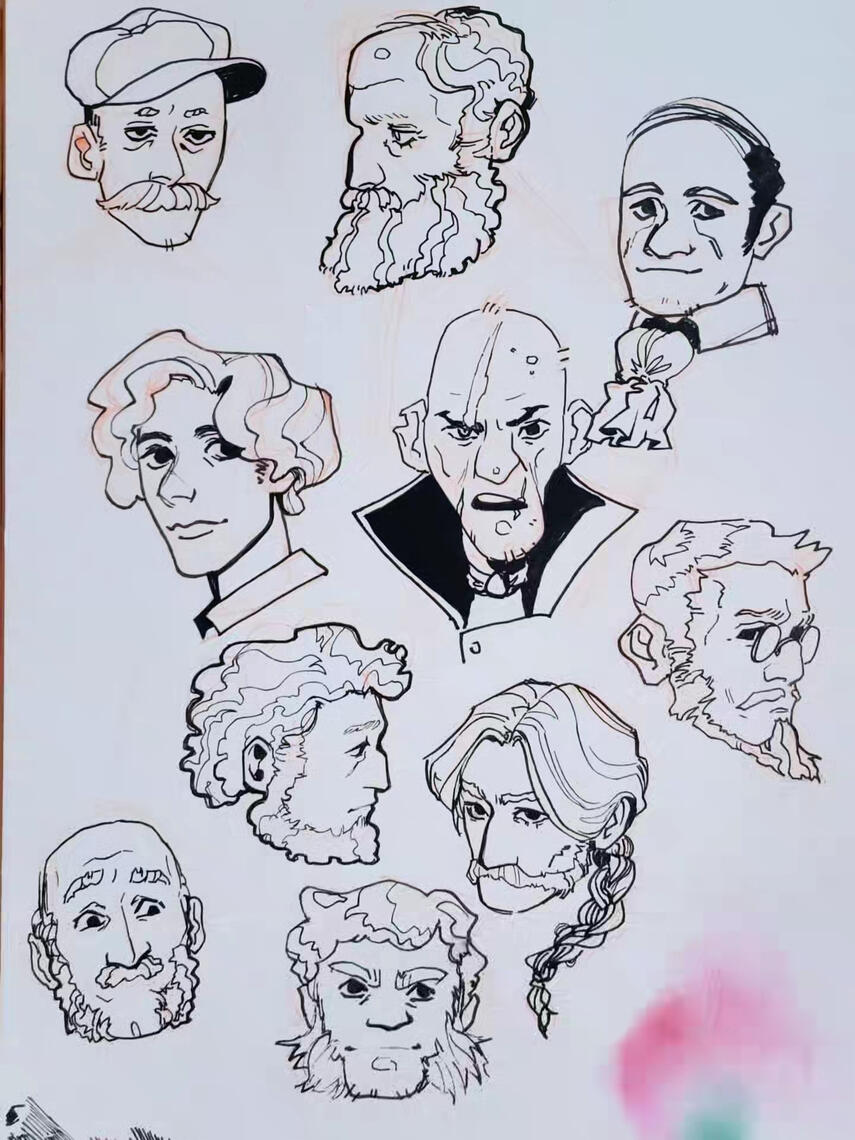 Doodles of cartoonish, semi historical men's heads and hairstyles. Doodles of cartoonish, semi historical men's heads and hairstyles.