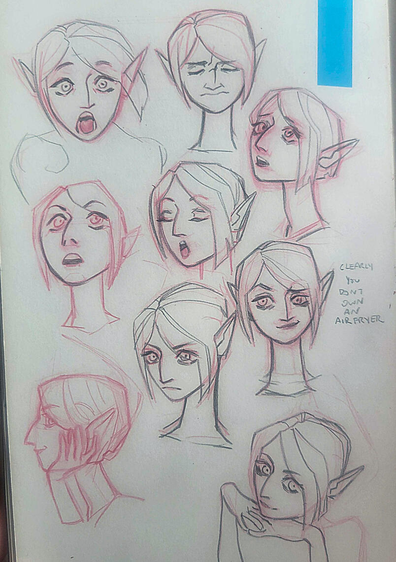 A set of expression sketches for an elf character. A set of expression sketches for an elf character.